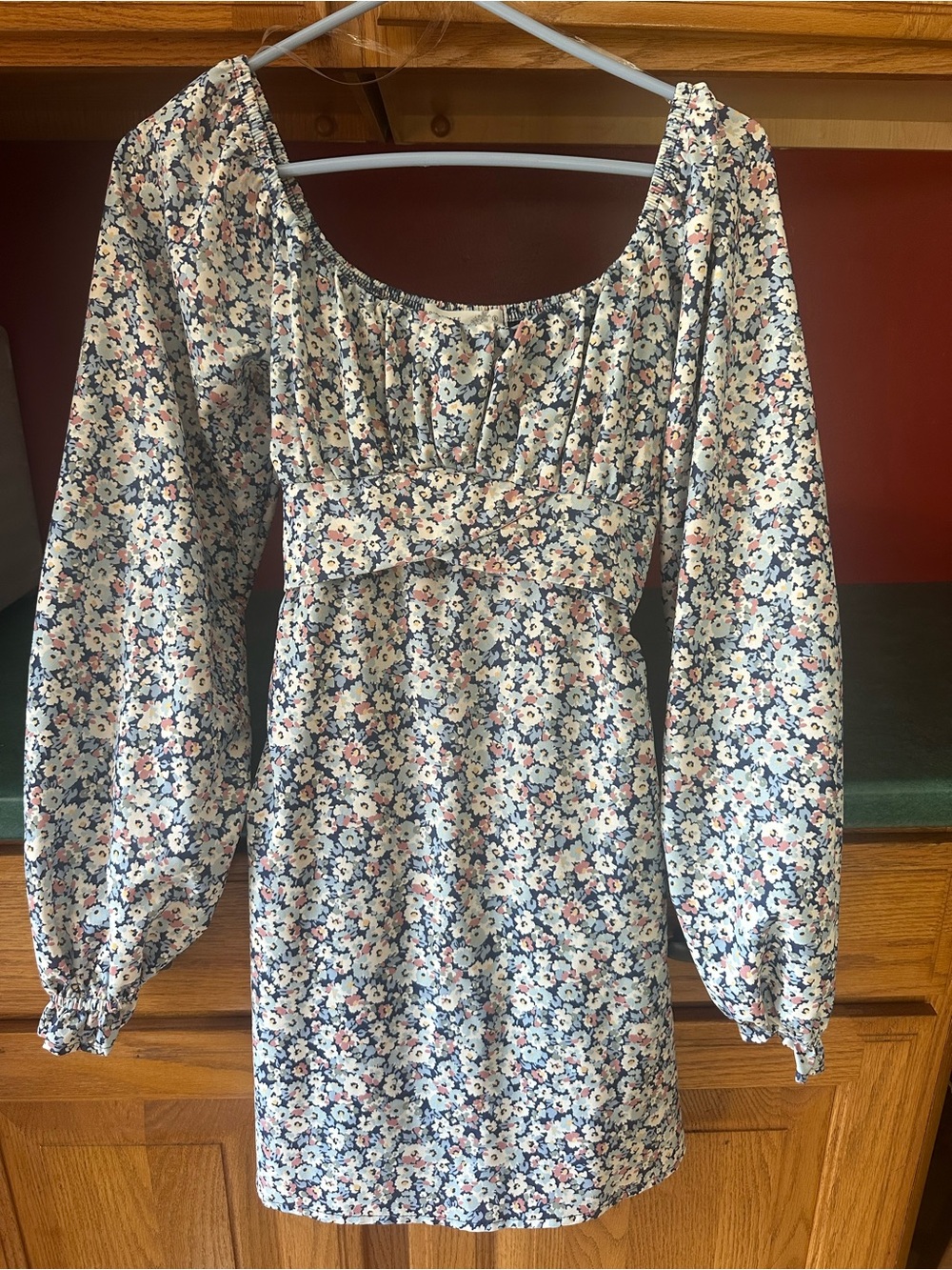 Altar'd State Blue and Pink Floral Long Sleeve Empire-Waist Mini Dress